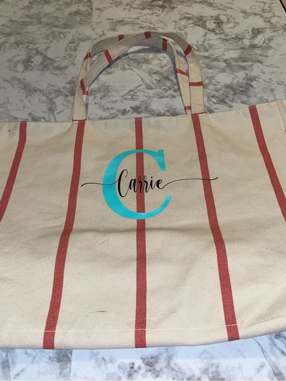 Large Hearth & Hand Cancas Cream Tote with Red Stripes and Turquoise Monogram